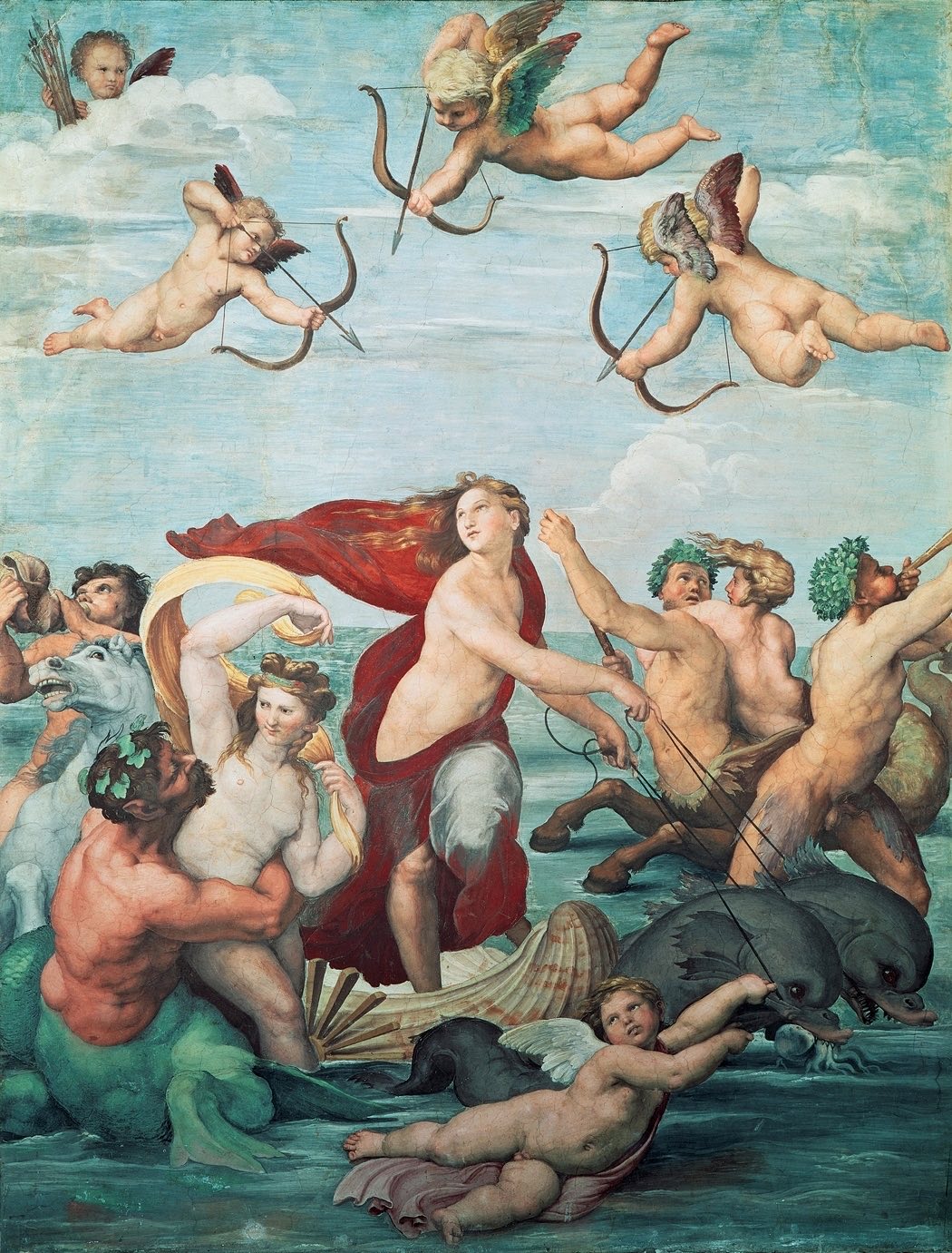The Triumph of Galatea by Raphael: a nymph in a red cloak riding a shell drawn by dolphins, with cupids aiming arrows above.