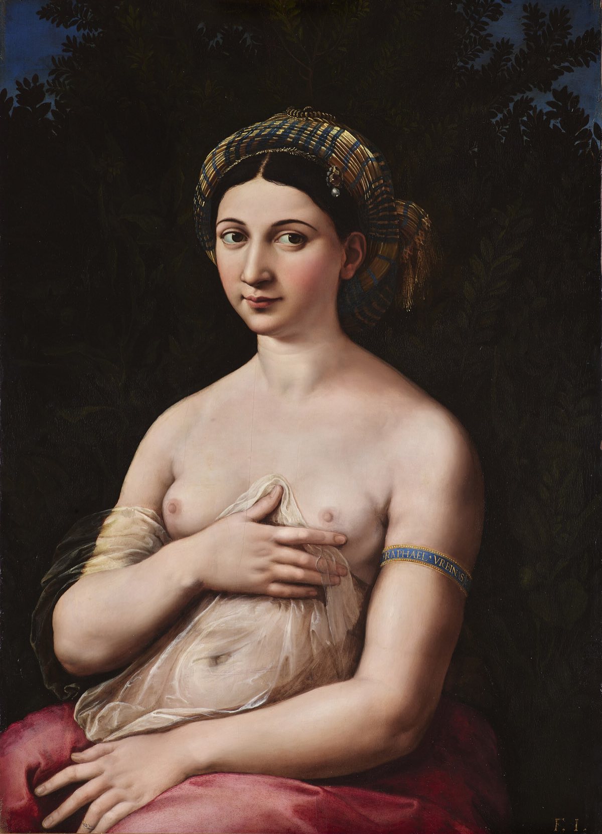 La Fornarina by Raphael: a young woman in a turban, half undressed, with a blue band on her arm.