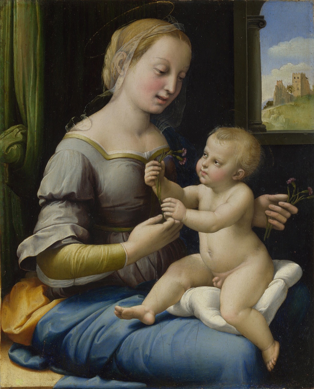 The Madonna of the Pinks, by Raphael: a young mother and her child pass flowers between them.