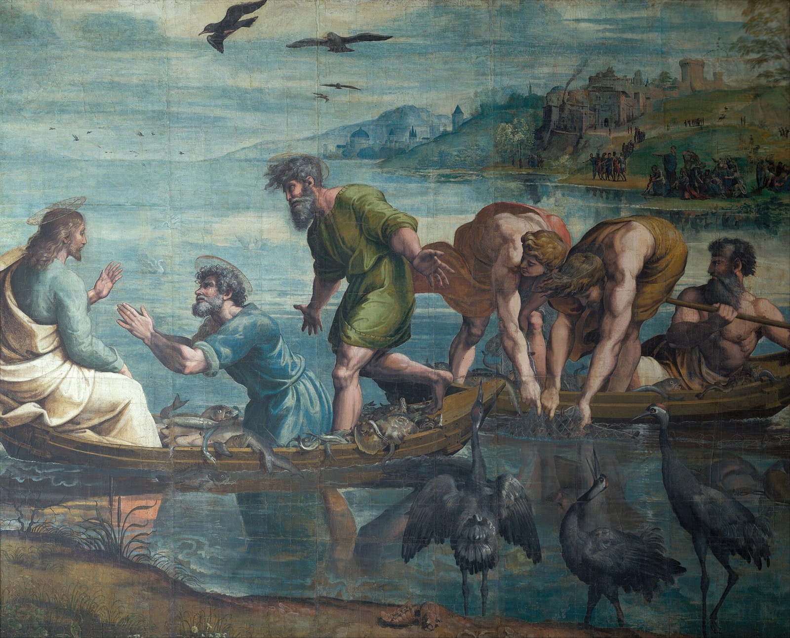 The Miraculous Draught of Fishes, one of Raphael's cartoons: two boats heavy with fish on a lake, and cranes on the shore.