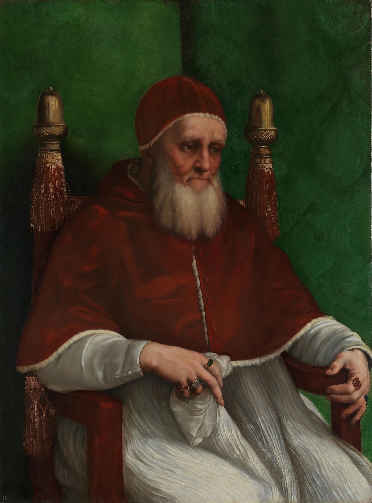 Portrait of Pope Julius II, by Raphael: an old man with a white beard, seated in a red cape and cap.