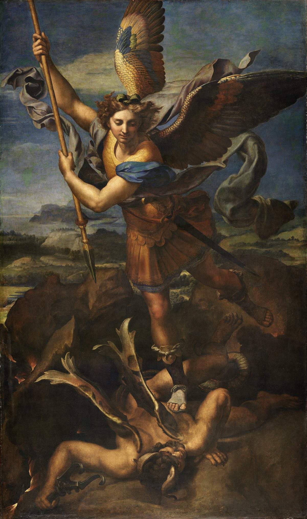 Saint Michael Vanquishing Satan, by Raphael: the archangel with raised lance, one foot on the devil.