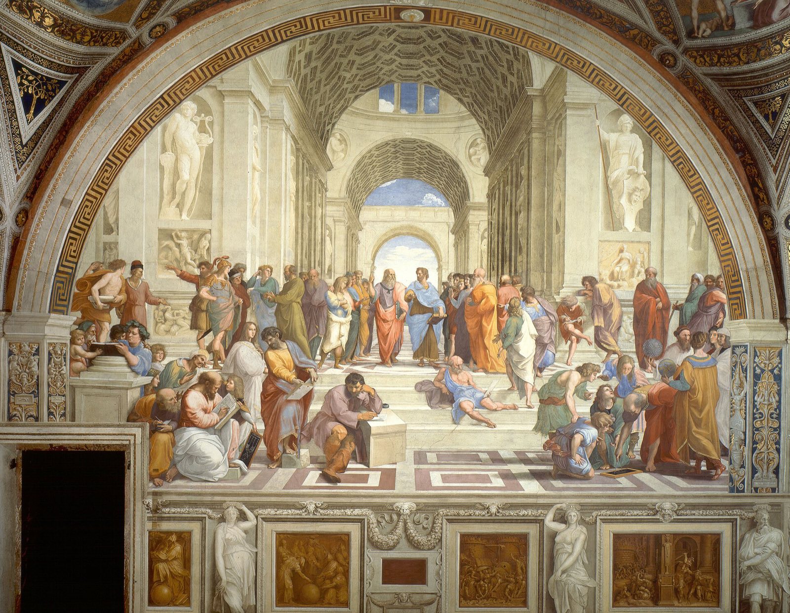 The School of Athens by Raphael: philosophers gathered on steps under a great vault, with Plato and Aristotle at the centre.