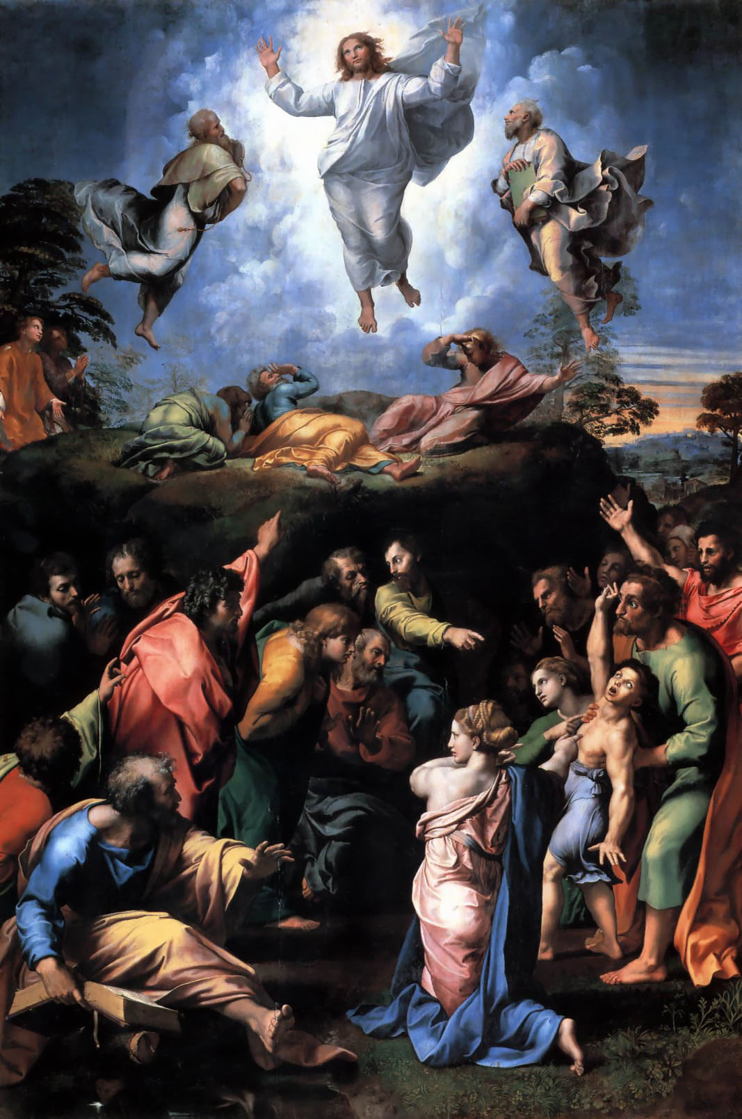 The Transfiguration by Raphael: Christ floating in light above, and below a crowd around a possessed boy.