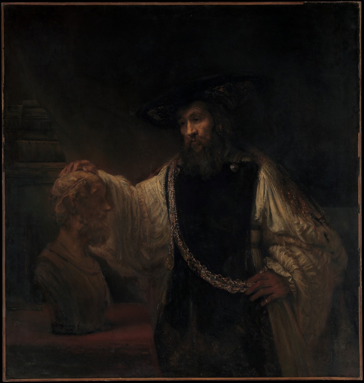 Aristotle with a Bust of Homer, by Rembrandt: the philosopher in wide white sleeves and a gold chain rests his hand on a marble head of the poet.