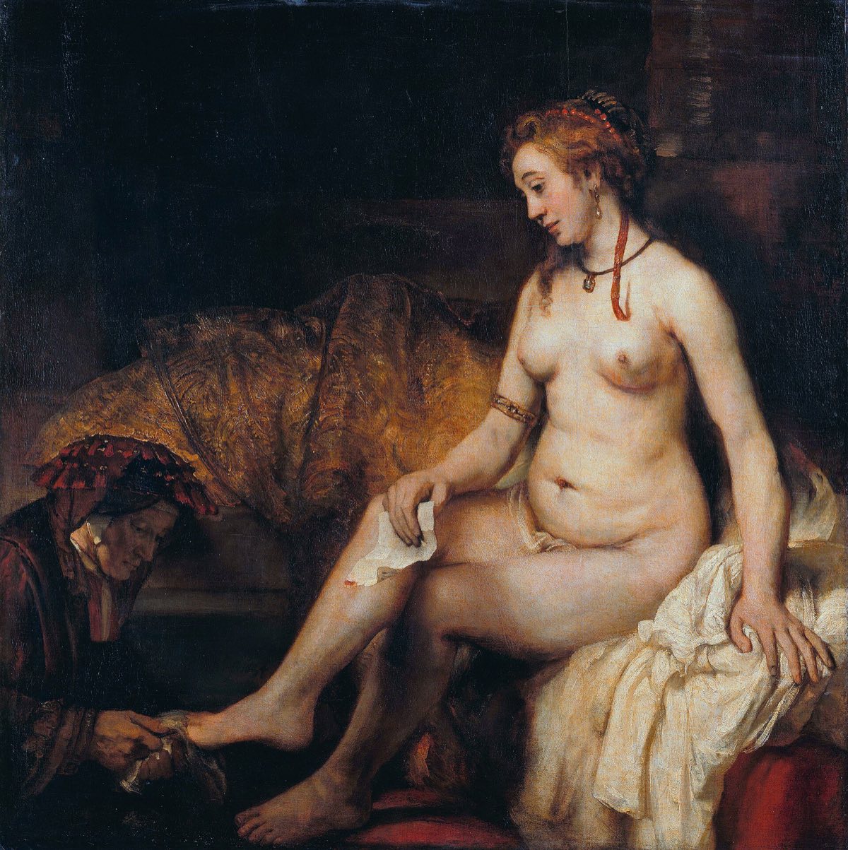 Bathsheba at Her Bath, by Rembrandt: a seated nude holding a letter, a servant drying her foot.