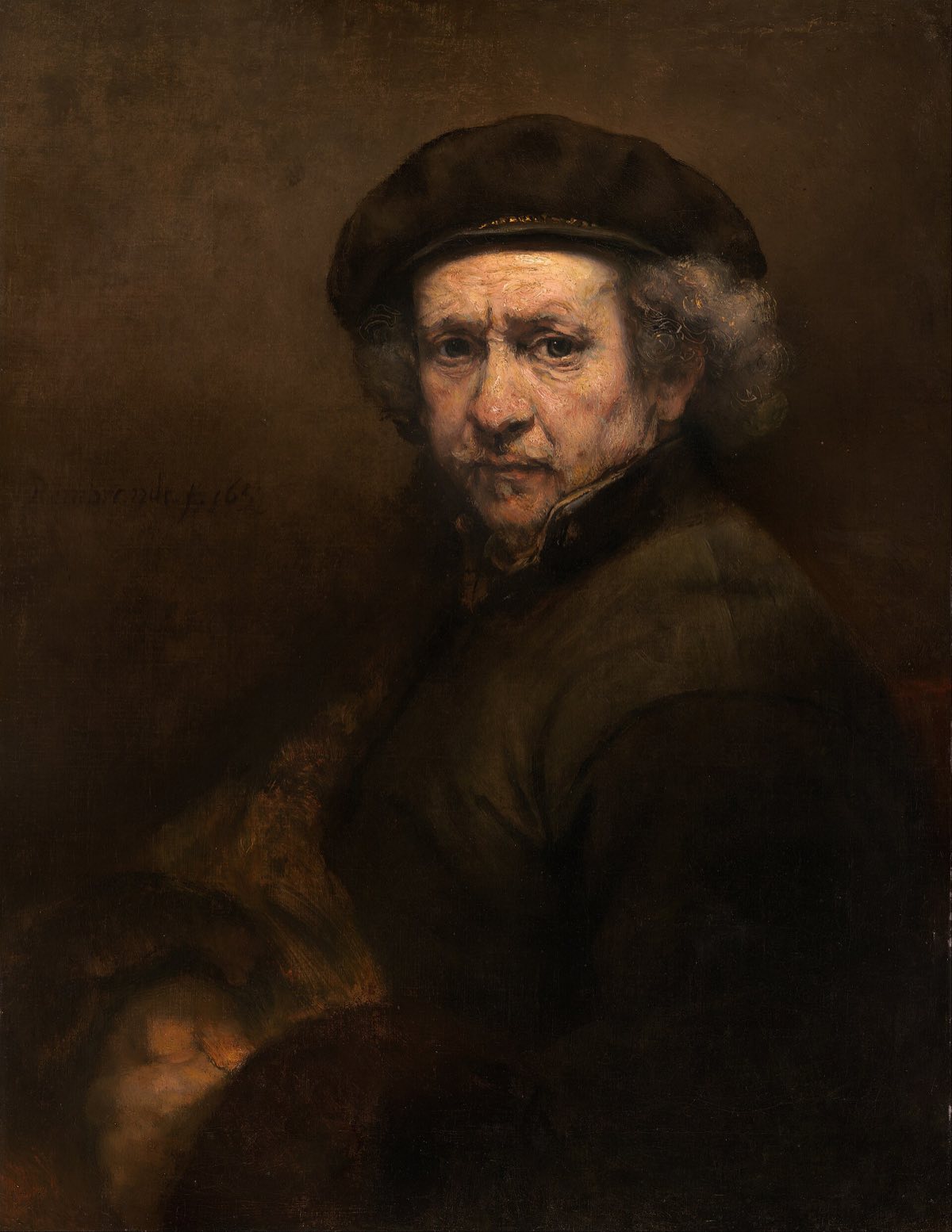 A self-portrait of Rembrandt in later life, in a dark beret.