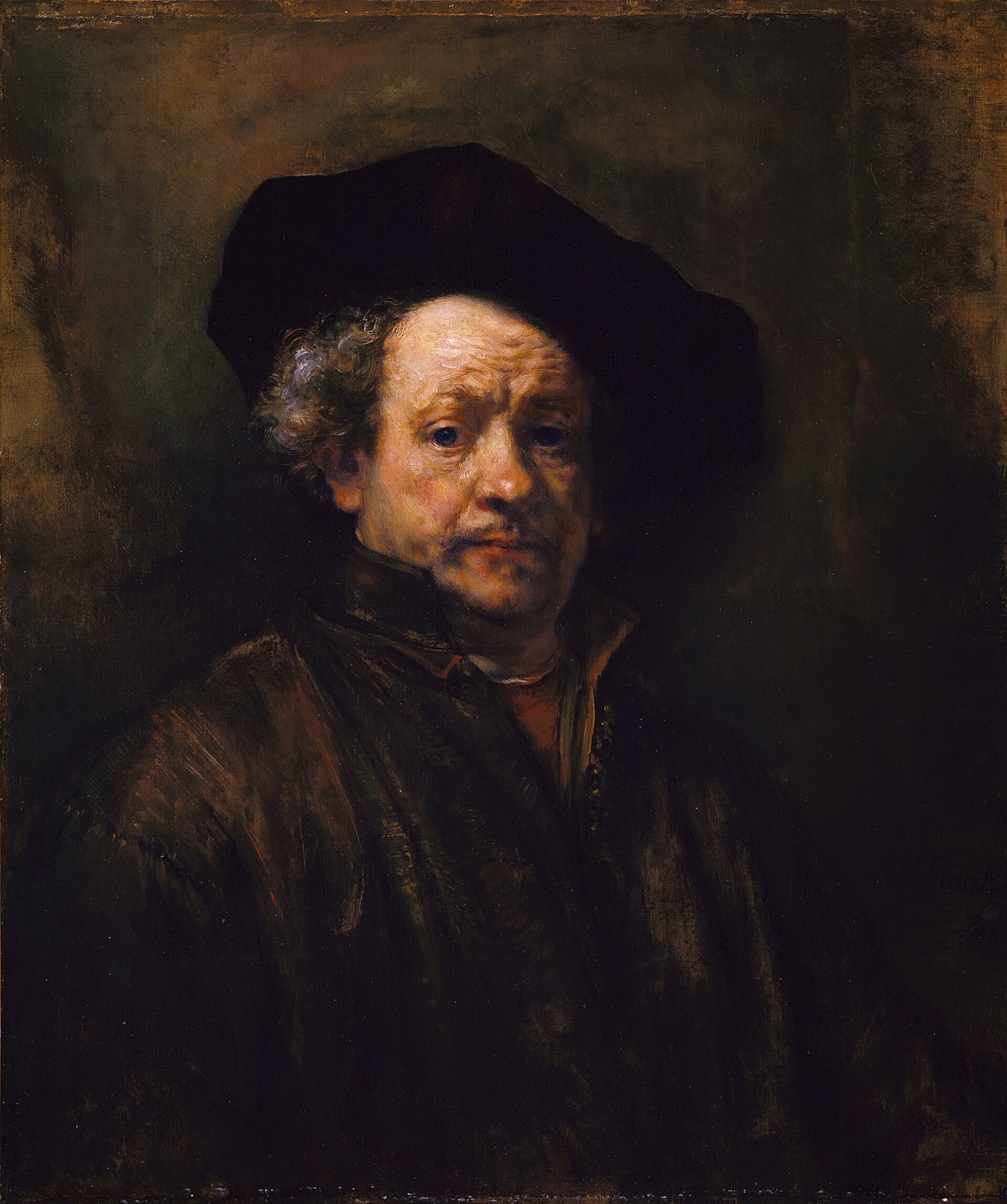 Rembrandt's self-portrait of 1660: the painter at fifty-four in a dark cap, his face worn and unflattered.