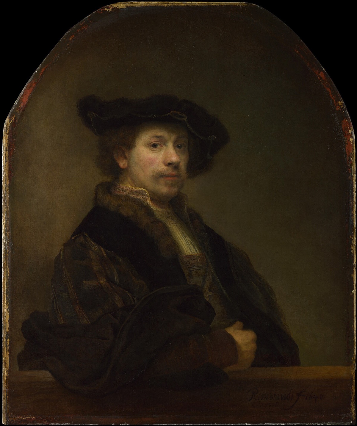 Self Portrait at the Age of 34, by Rembrandt: the painter in velvet and fur, leaning on a stone ledge.