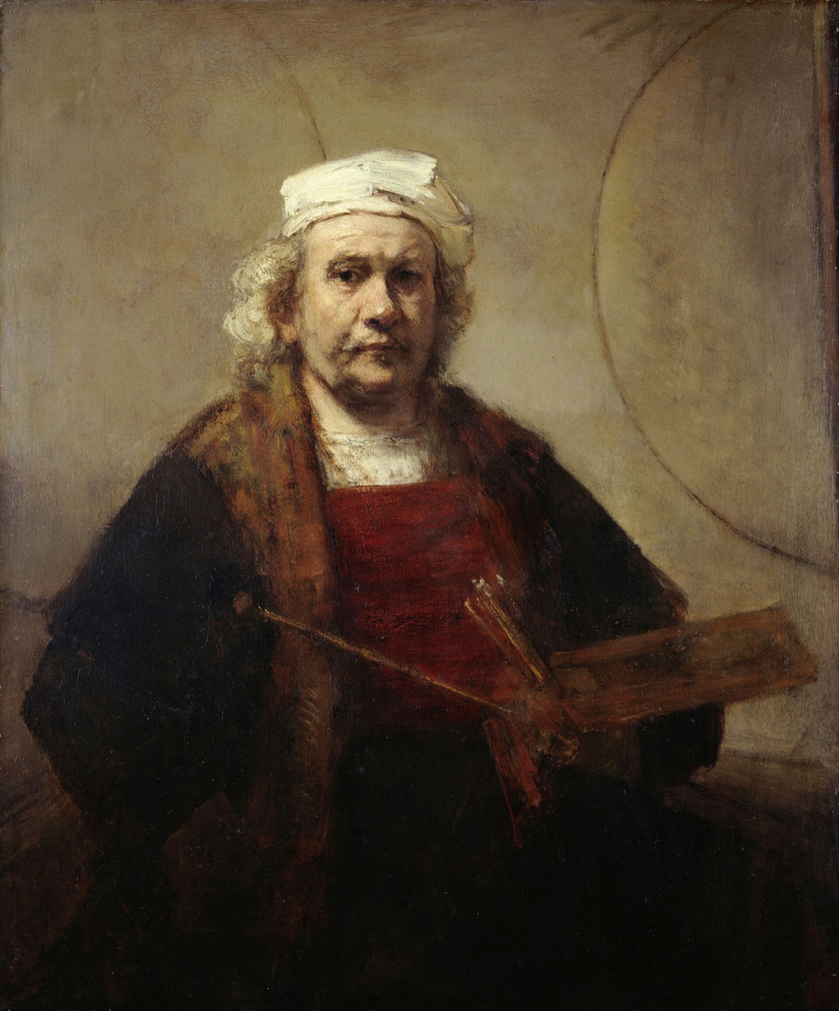 Self-Portrait with Two Circles, by Rembrandt: the old painter with palette and brushes before a wall marked with two arcs.