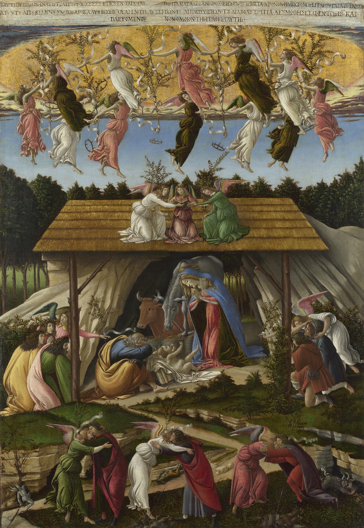 Mystic Nativity, by Botticelli: the stable under a ring of dancing angels, with men and angels embracing below.