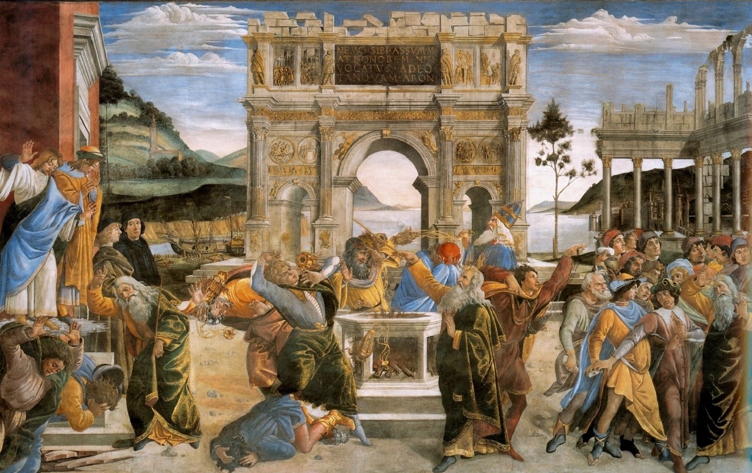 The Punishment of Korah by Botticelli: Moses raises his rod before a Roman triumphal arch as the rebels fall.
