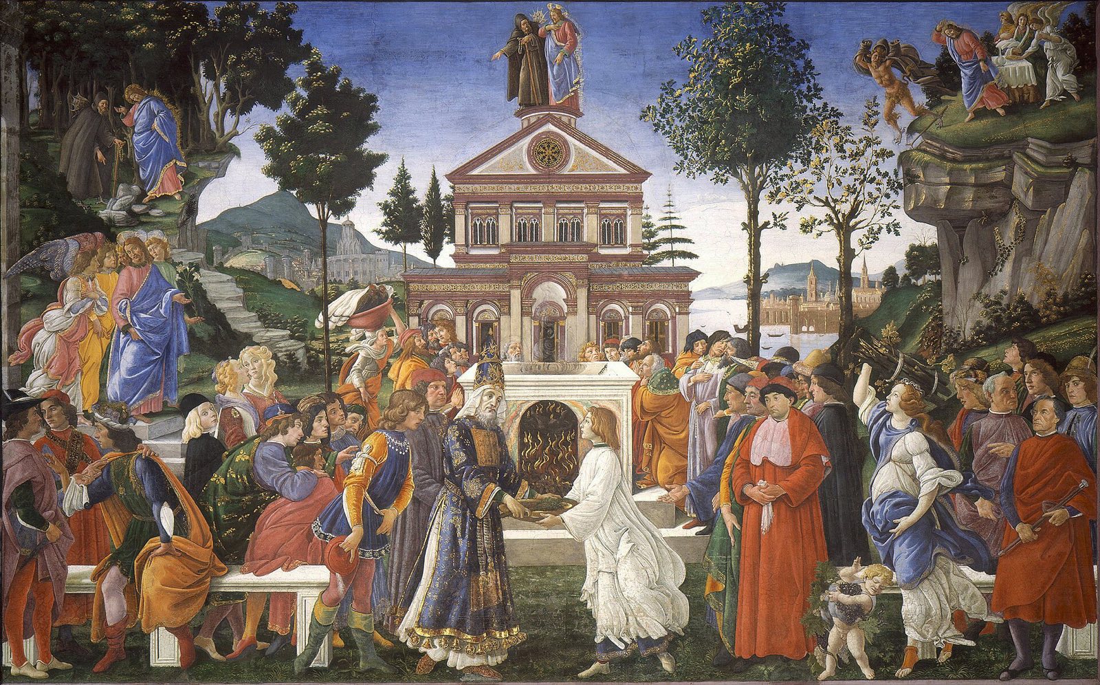 The Temptations of Christ by Botticelli: a crowd at an altar before a Renaissance building, with small scenes of Christ and the devil above.