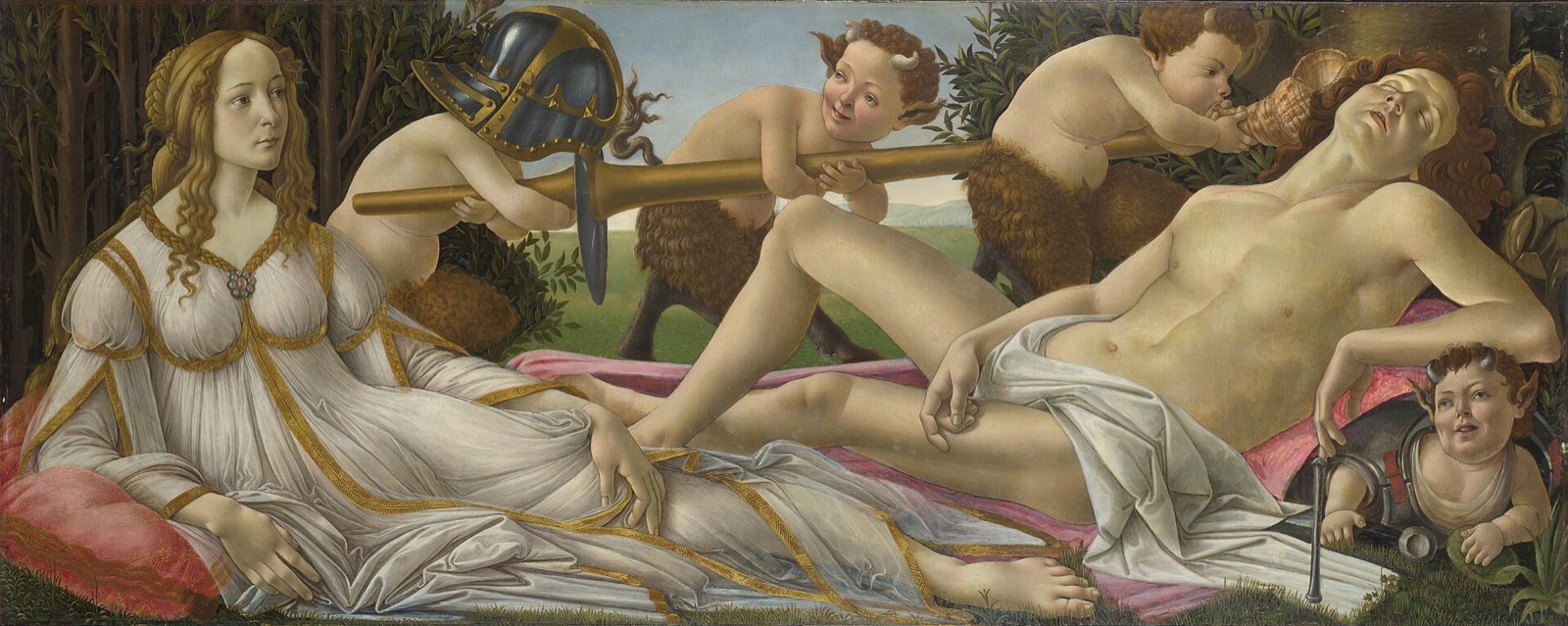 Venus and Mars, by Botticelli: Venus sits awake while Mars sleeps and small satyrs play with his lance and helmet.