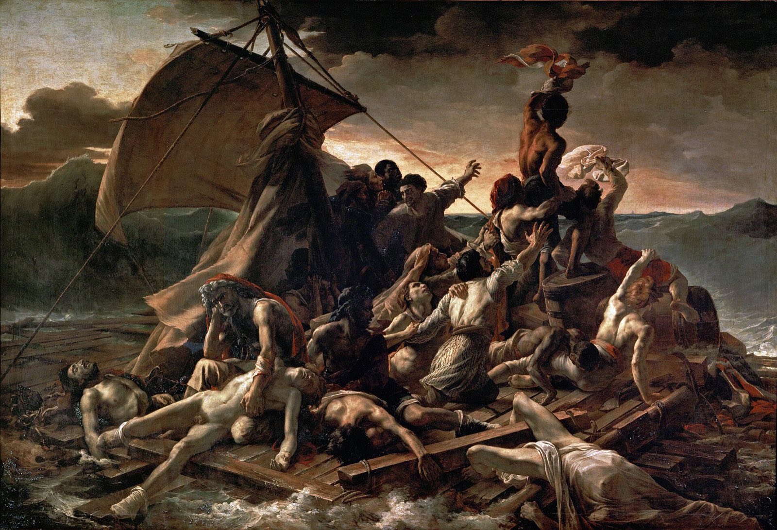 The Raft of the Medusa, by Géricault: survivors on a raft, one waving a cloth at a distant ship.