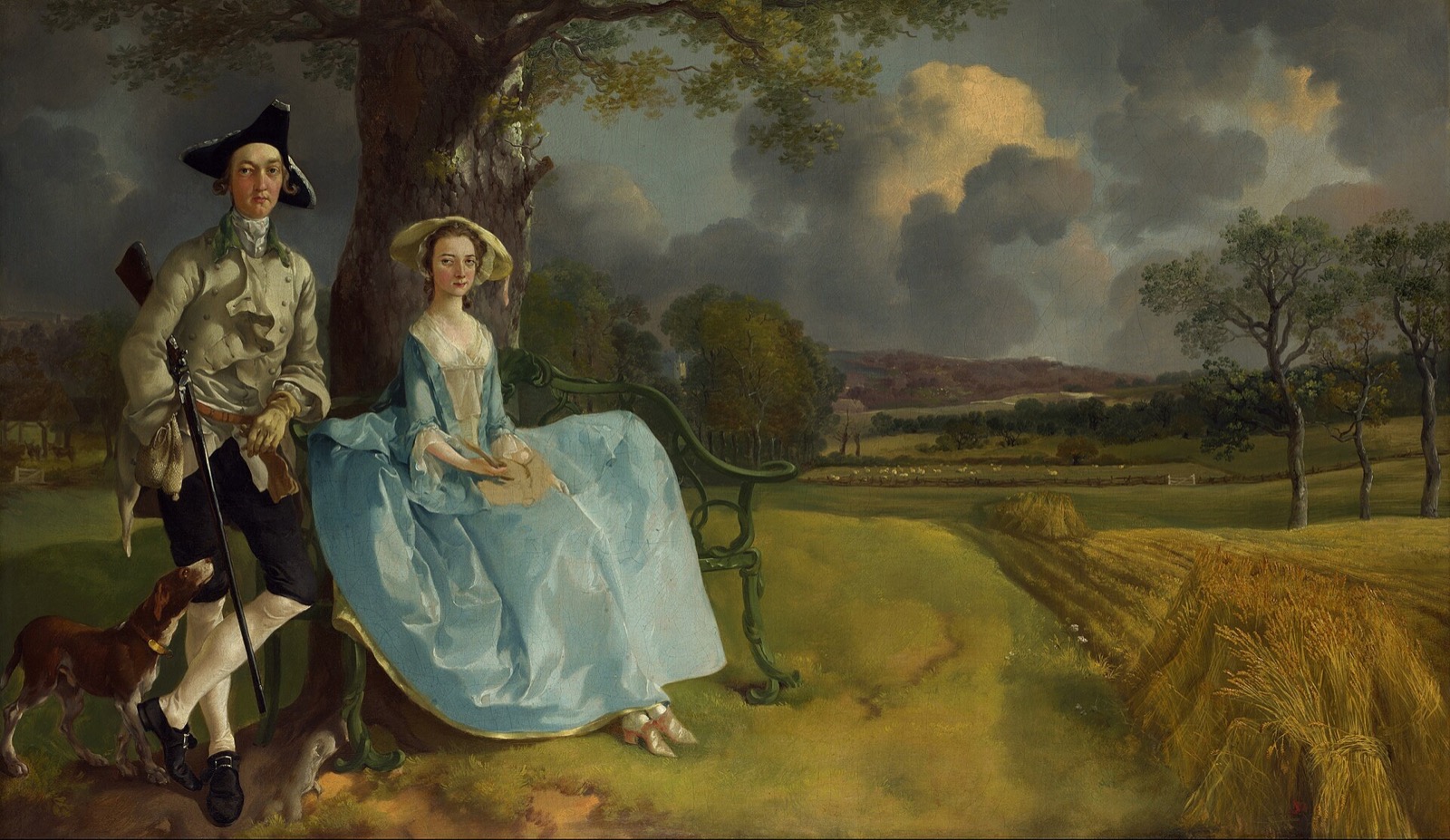 Mr and Mrs Andrews, by Gainsborough: a young couple under an oak, with their cornfields stretching away.