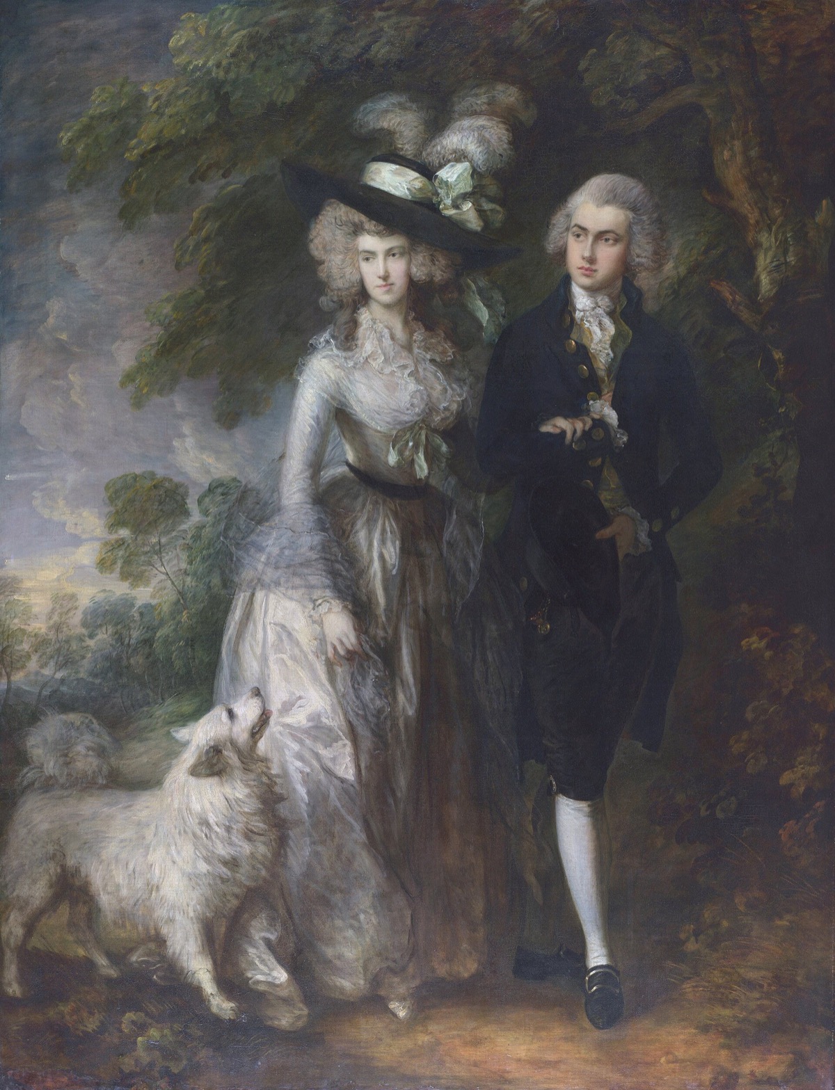 The Morning Walk, by Gainsborough: a young couple strolling through a wood with a white dog.