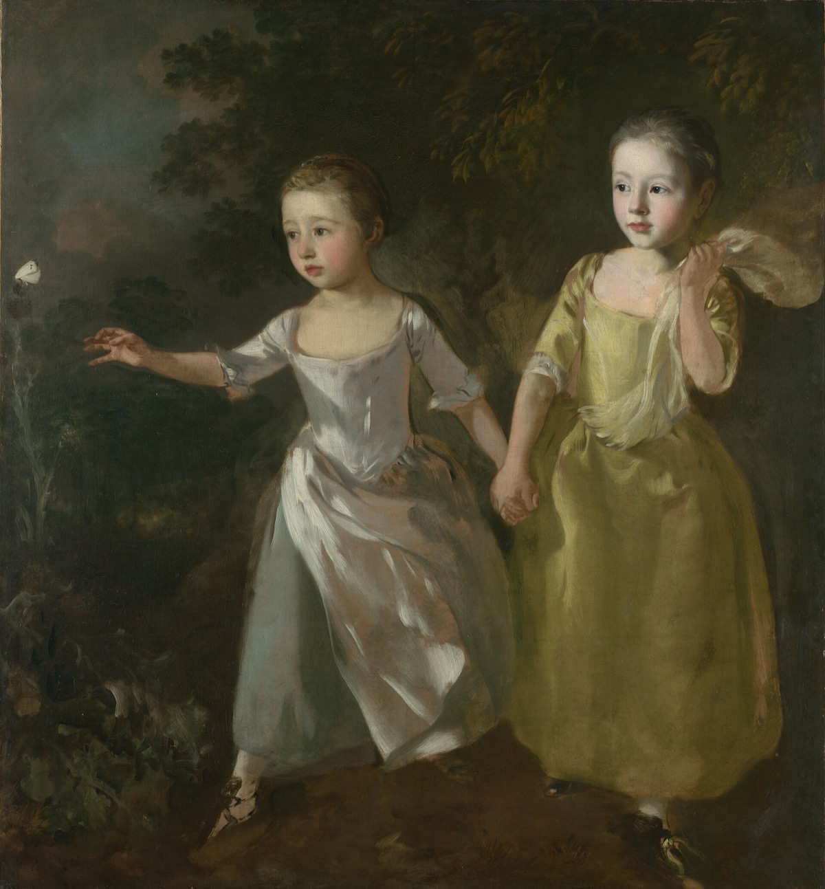 The Painter's Daughters chasing a Butterfly, by Gainsborough: two small girls hand in hand.