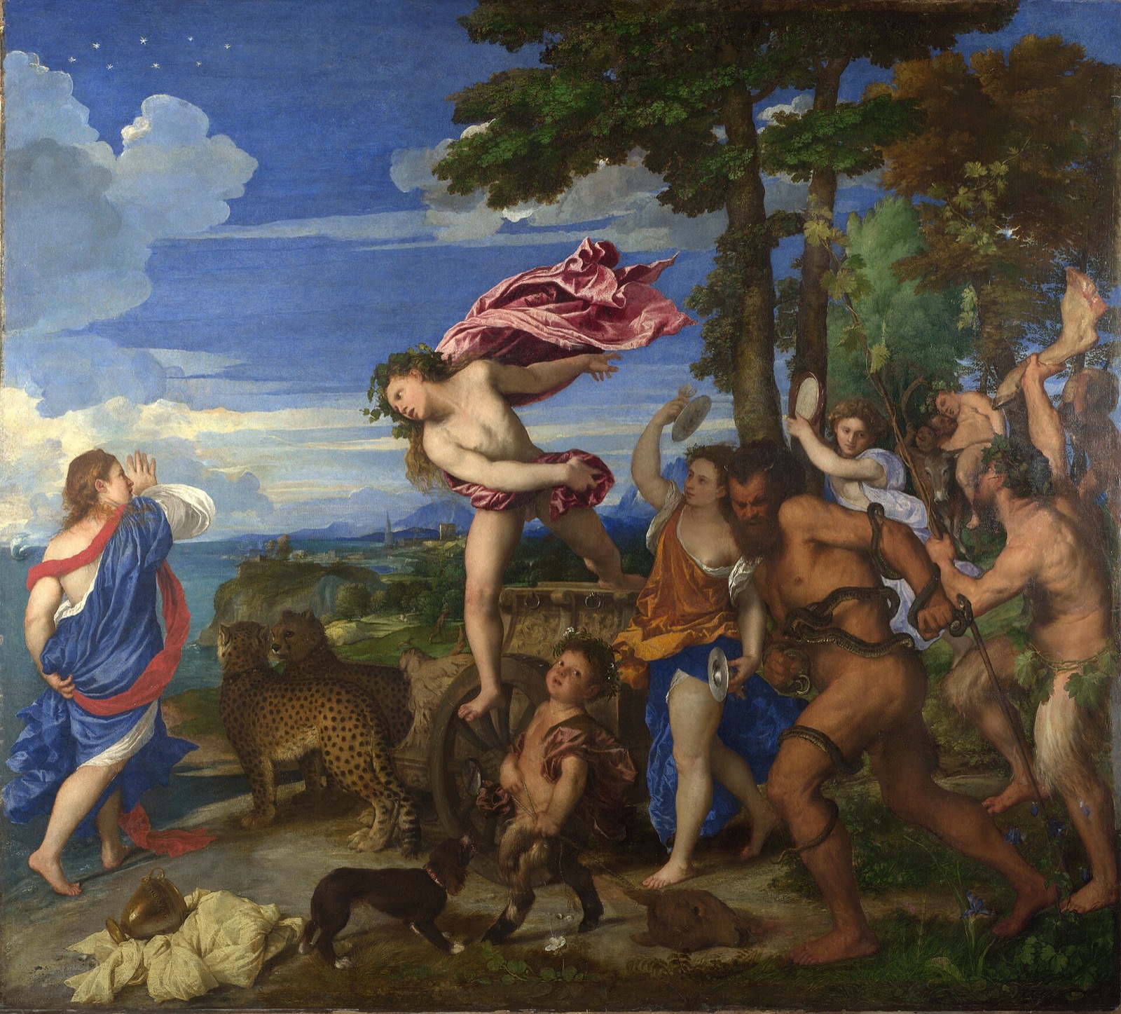 Bacchus and Ariadne, by Titian: the god leaps from his chariot towards Ariadne under a deep blue sky.
