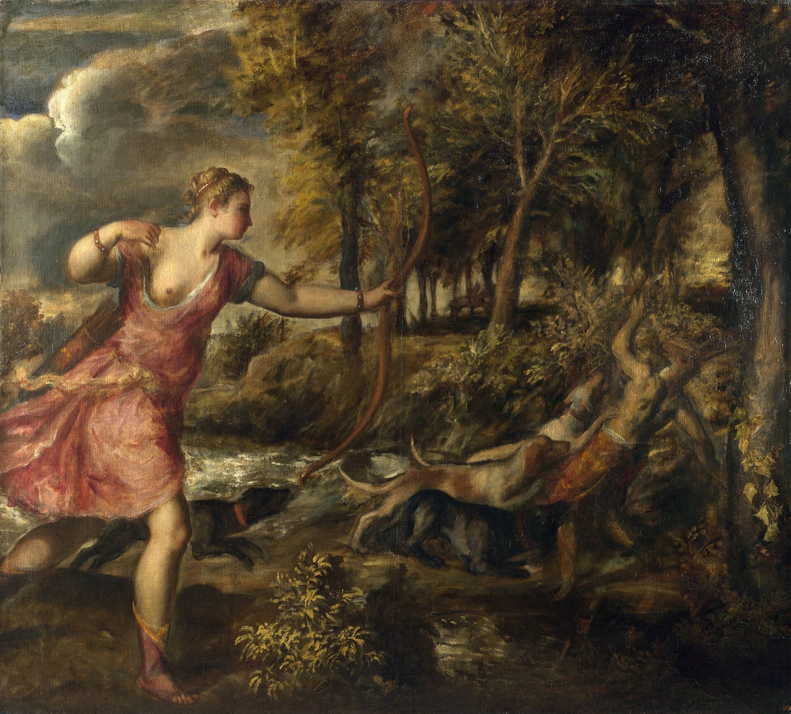 The Death of Actaeon, by Titian: Diana strides forward with her bow as Actaeon, half stag, is pulled down by his hounds.