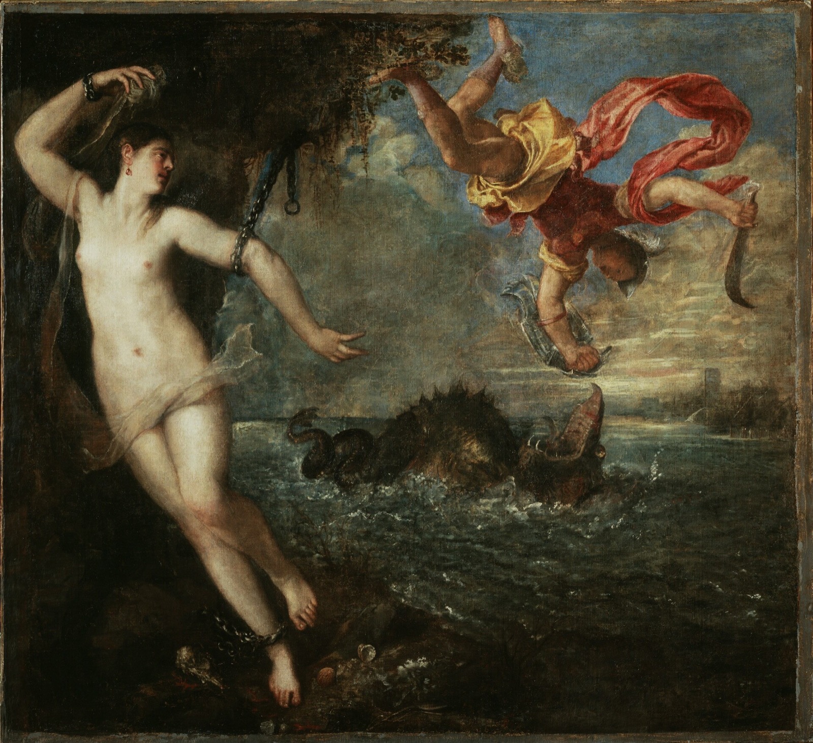 Perseus and Andromeda, by Titian: Andromeda chained to a rock as Perseus dives from the sky at the sea monster.