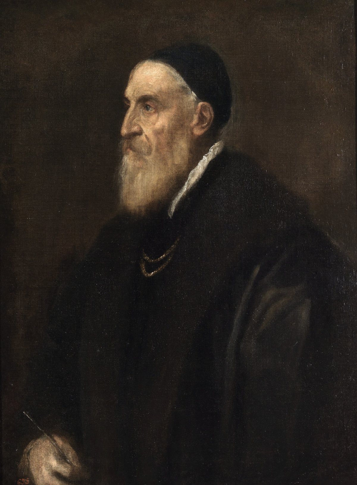 A self-portrait of Titian in old age, in profile, with a black cap and a white beard.