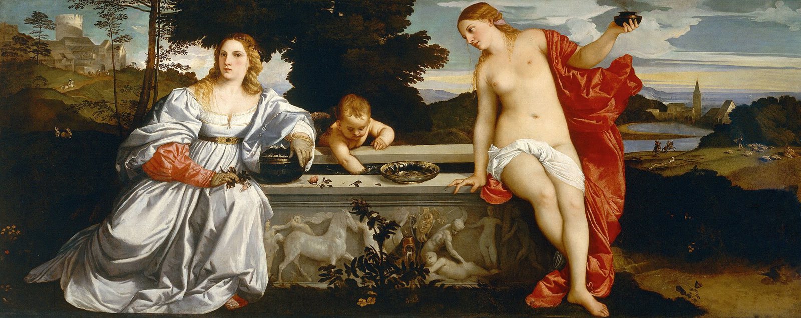Sacred and Profane Love by Titian: a clothed woman and a nearly naked one seated at either end of a carved stone fountain, in a landscape.