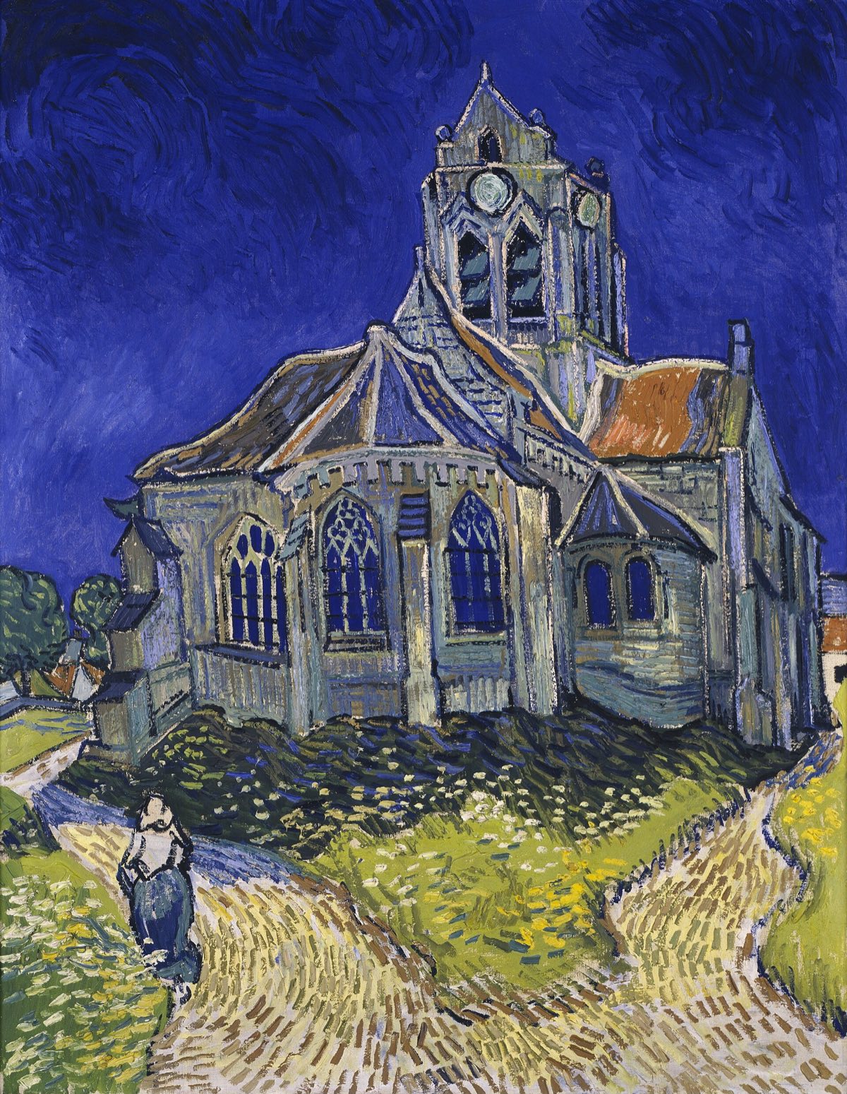 The Church at Auvers, by Van Gogh: a village church under a deep blue sky, a path dividing in front of it.