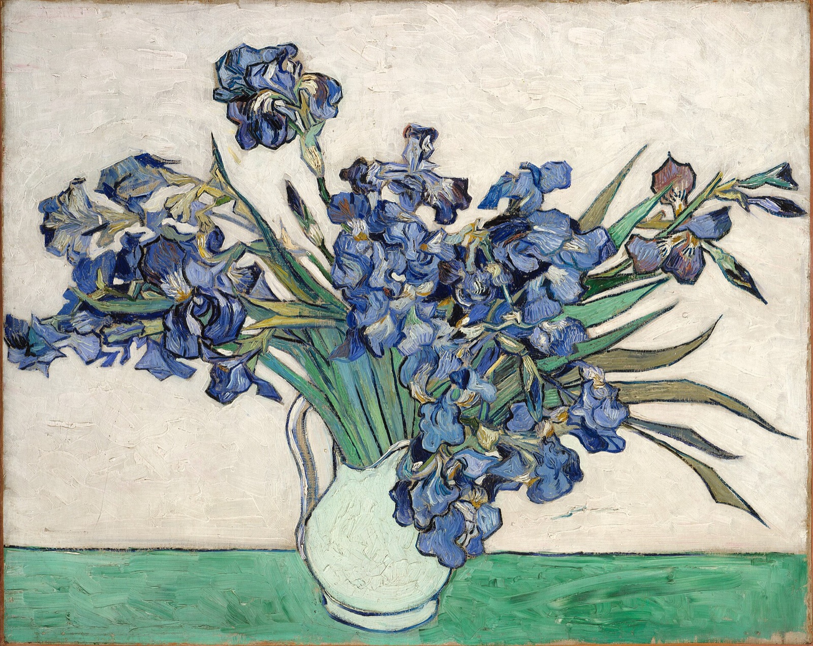 Irises, by Van Gogh: a vase of blue irises against a pale ground, some of the flowers falling to one side.