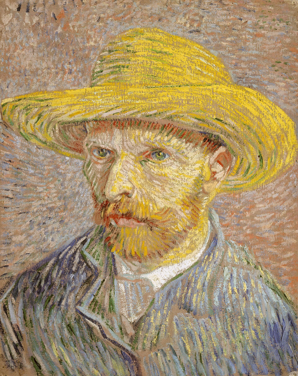 Self-Portrait with a Straw Hat, by Van Gogh: the painter in a yellow hat and a blue smock, painted in short strokes.