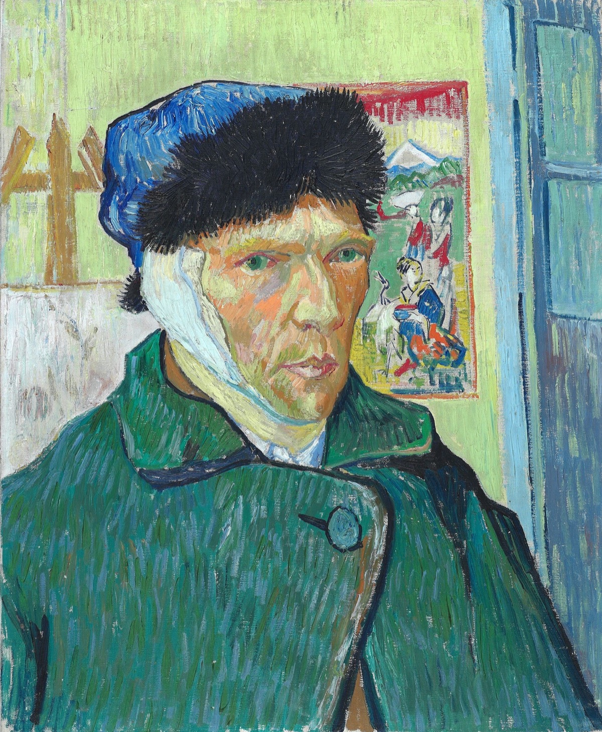 Self-Portrait with Bandaged Ear, by Van Gogh: the painter in a fur cap and green coat, his ear bandaged.