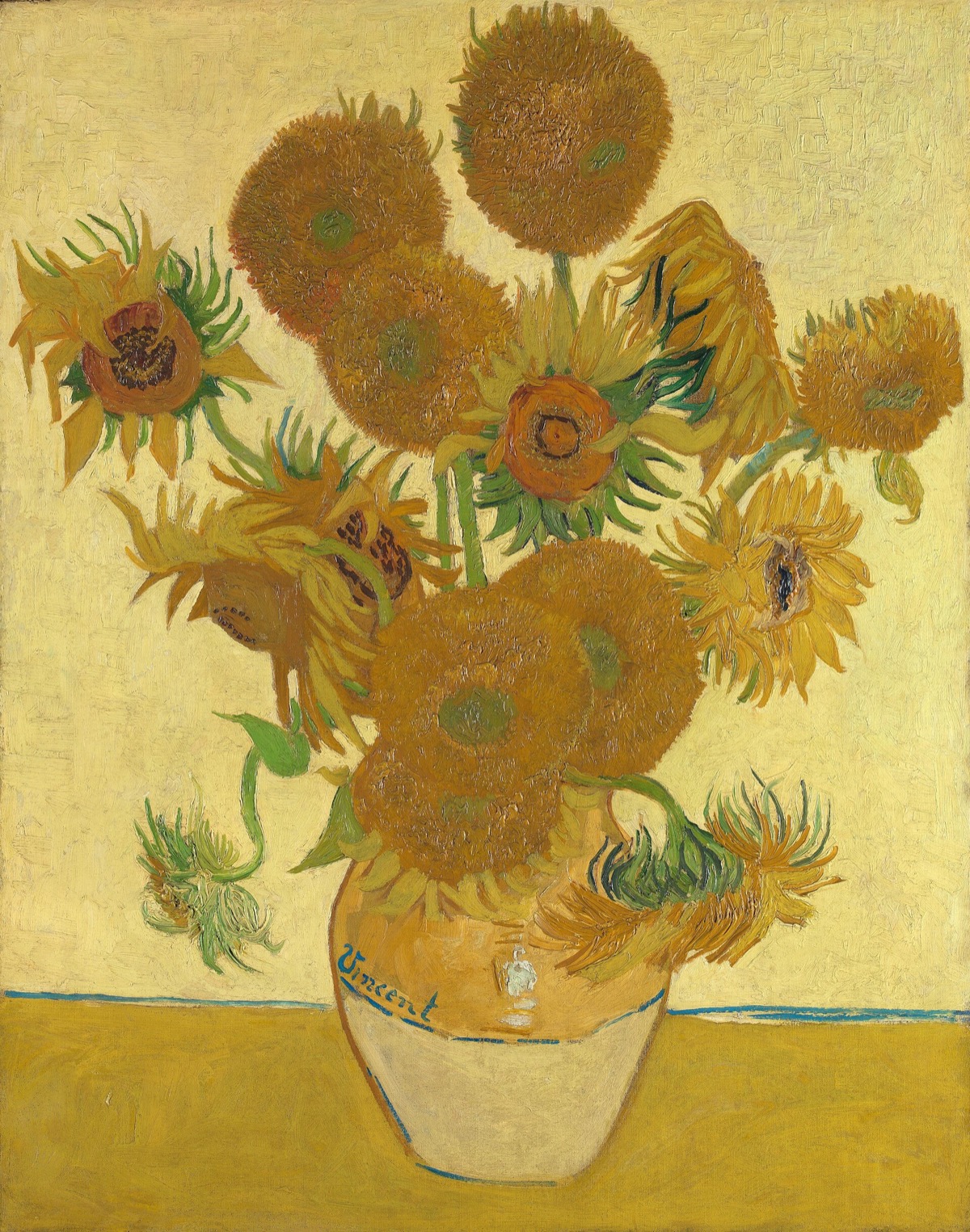 Sunflowers, by Van Gogh, in the National Gallery: fifteen sunflowers in a jug, yellow on yellow.