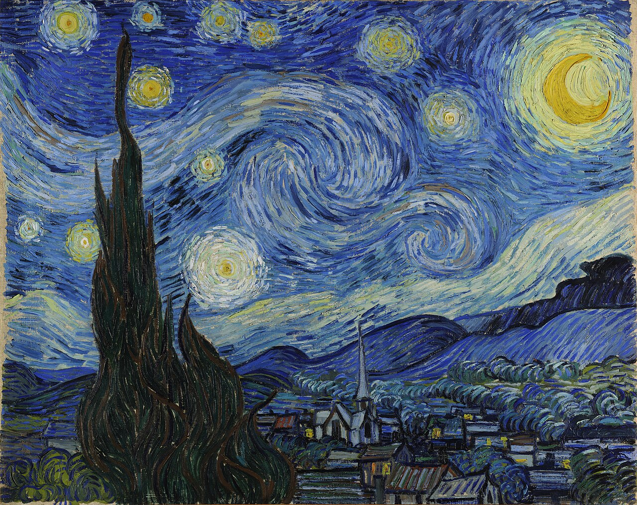 The Starry Night, by Van Gogh: a night sky of turning blue and yellow over a village, with a dark cypress in front.