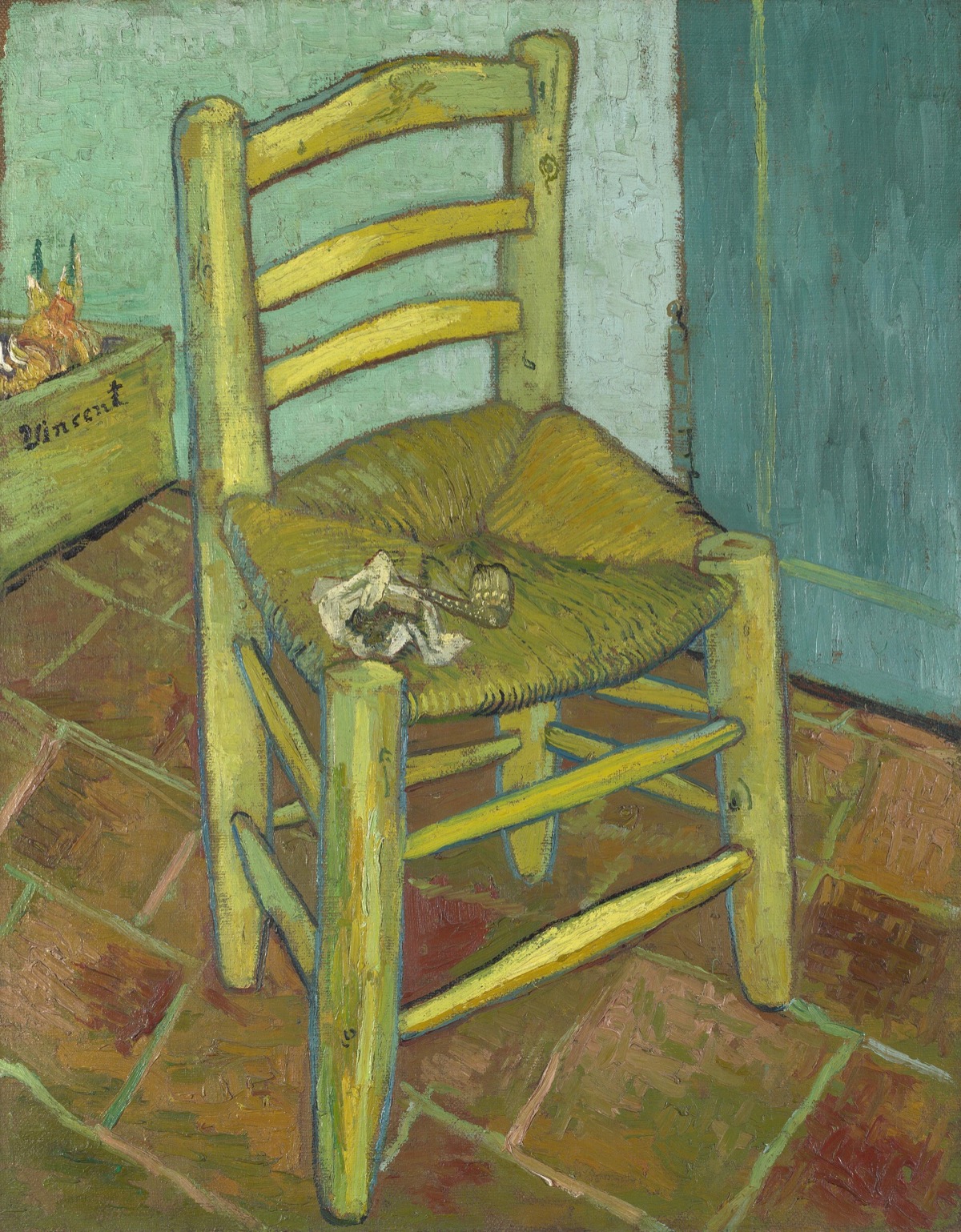 Van Gogh's Chair: a rush-seated chair on a tiled floor with a pipe and tobacco on it.