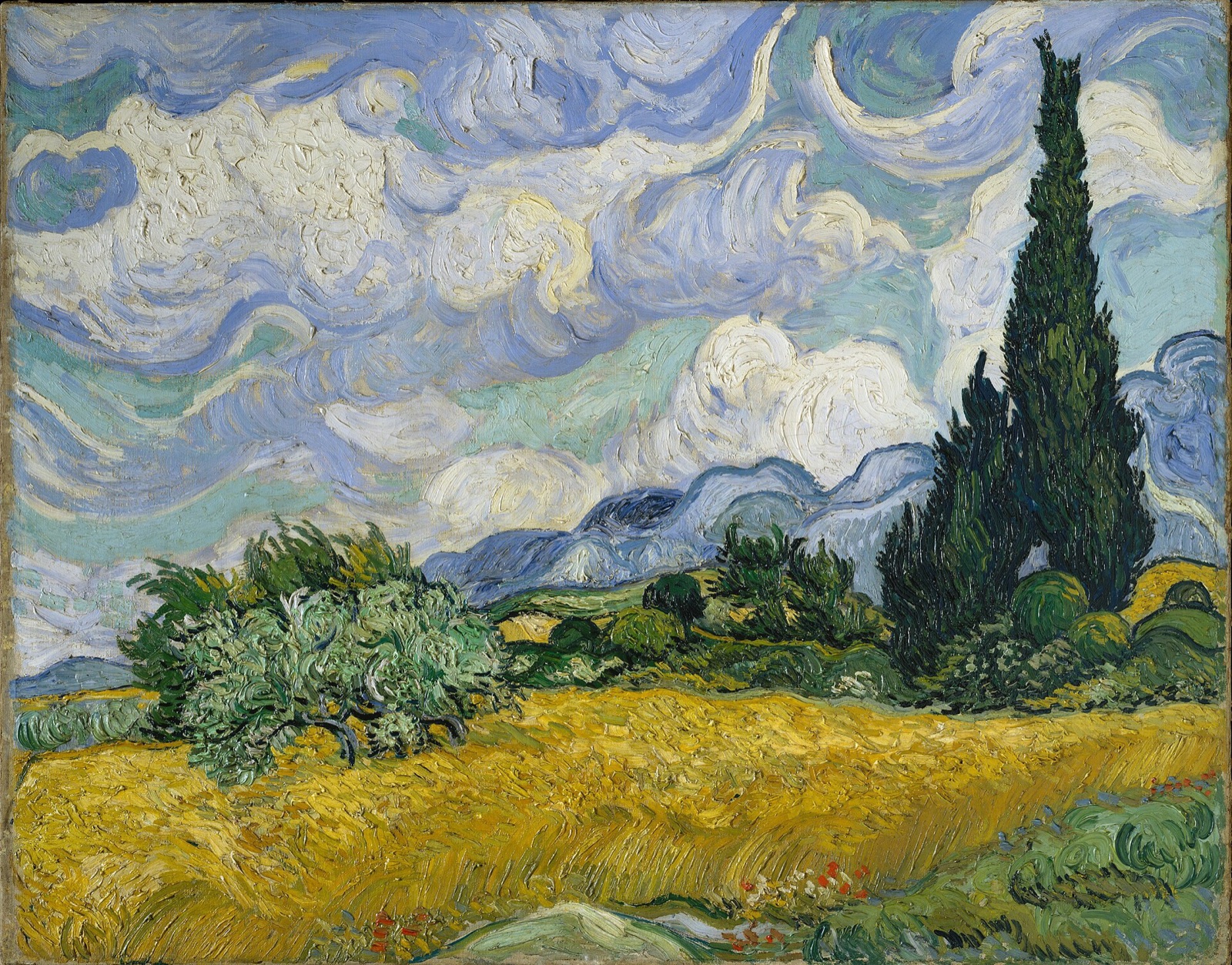 Wheat Field with Cypresses, by Van Gogh: ripe wheat, olive trees and two dark cypresses under a sky of rolling cloud.