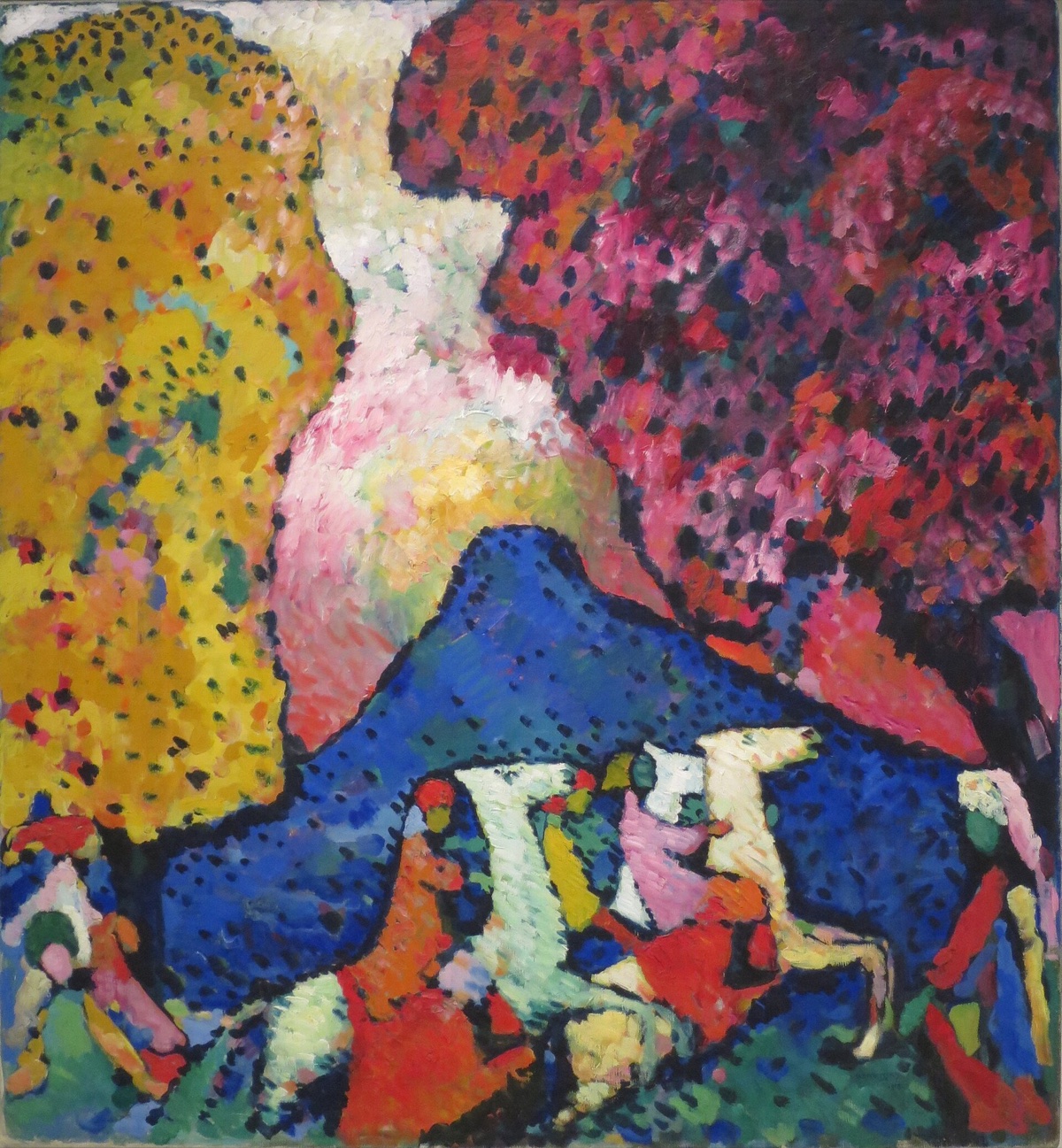 Blue Mountain, by Wassily Kandinsky: three riders gallop under a blue peak between a red tree and a yellow one.
