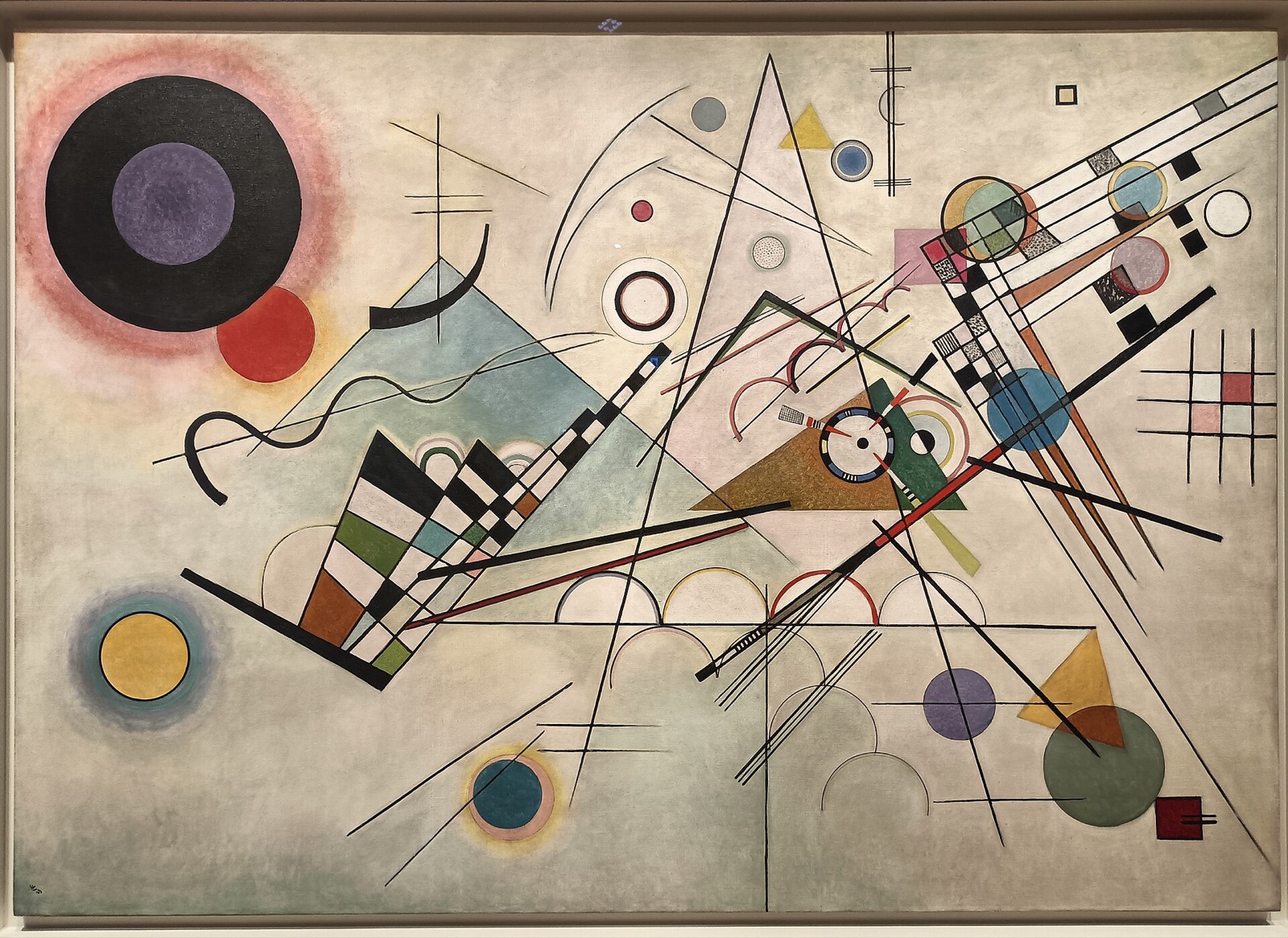 Composition 8, by Wassily Kandinsky: circles, triangles and straight lines scattered across a pale ground.