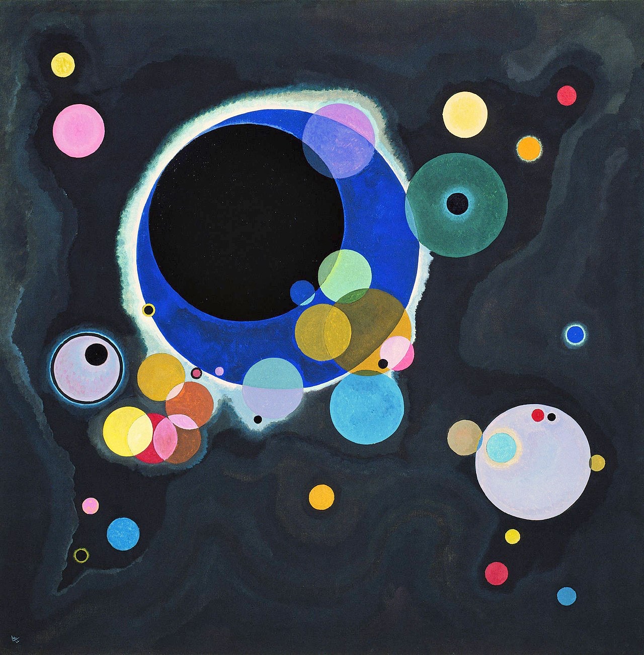 Several Circles, by Wassily Kandinsky: overlapping discs of colour floating on black.