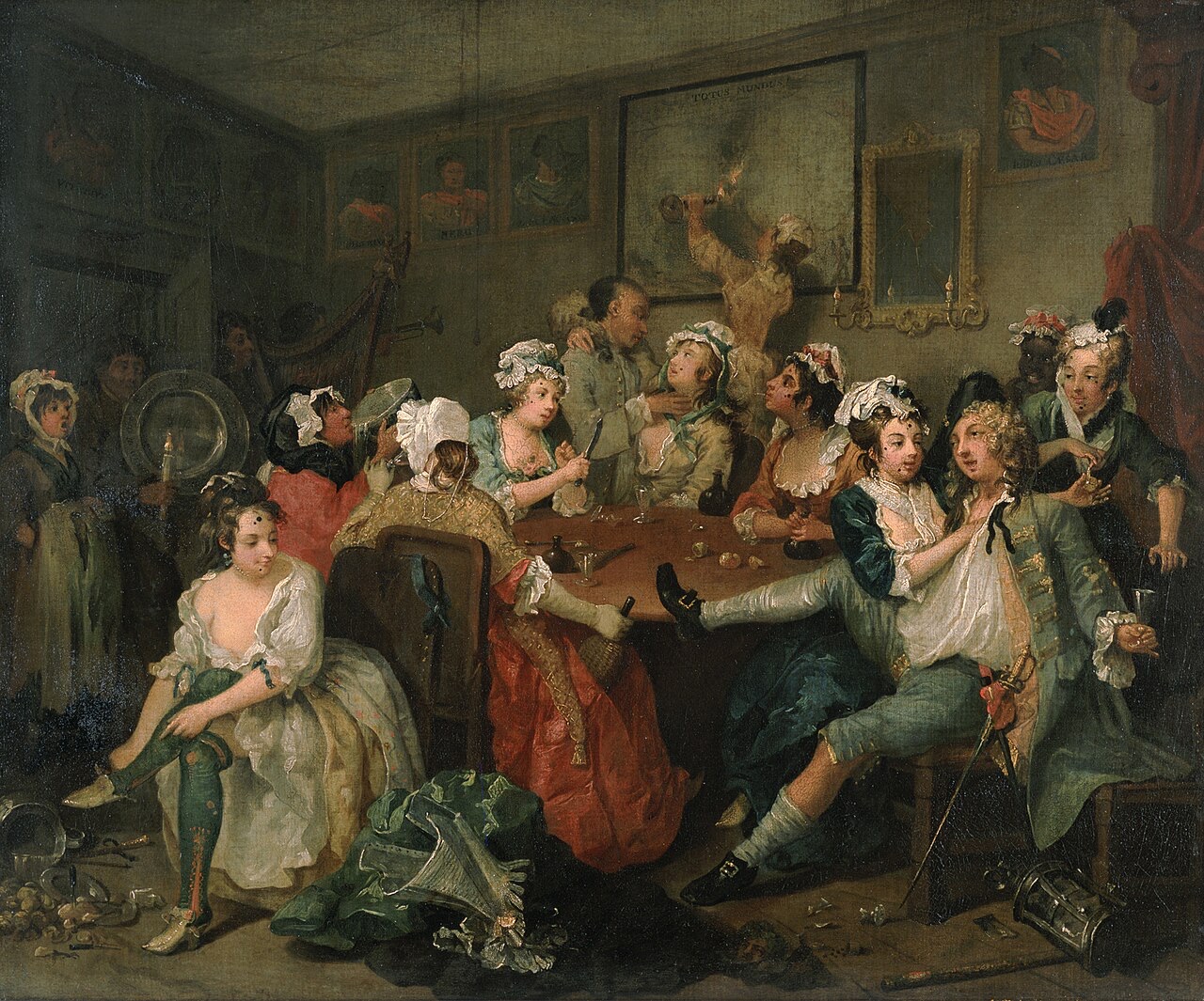 The Tavern Scene from A Rake's Progress, by Hogarth: the young heir sprawls drunk among women at a table.