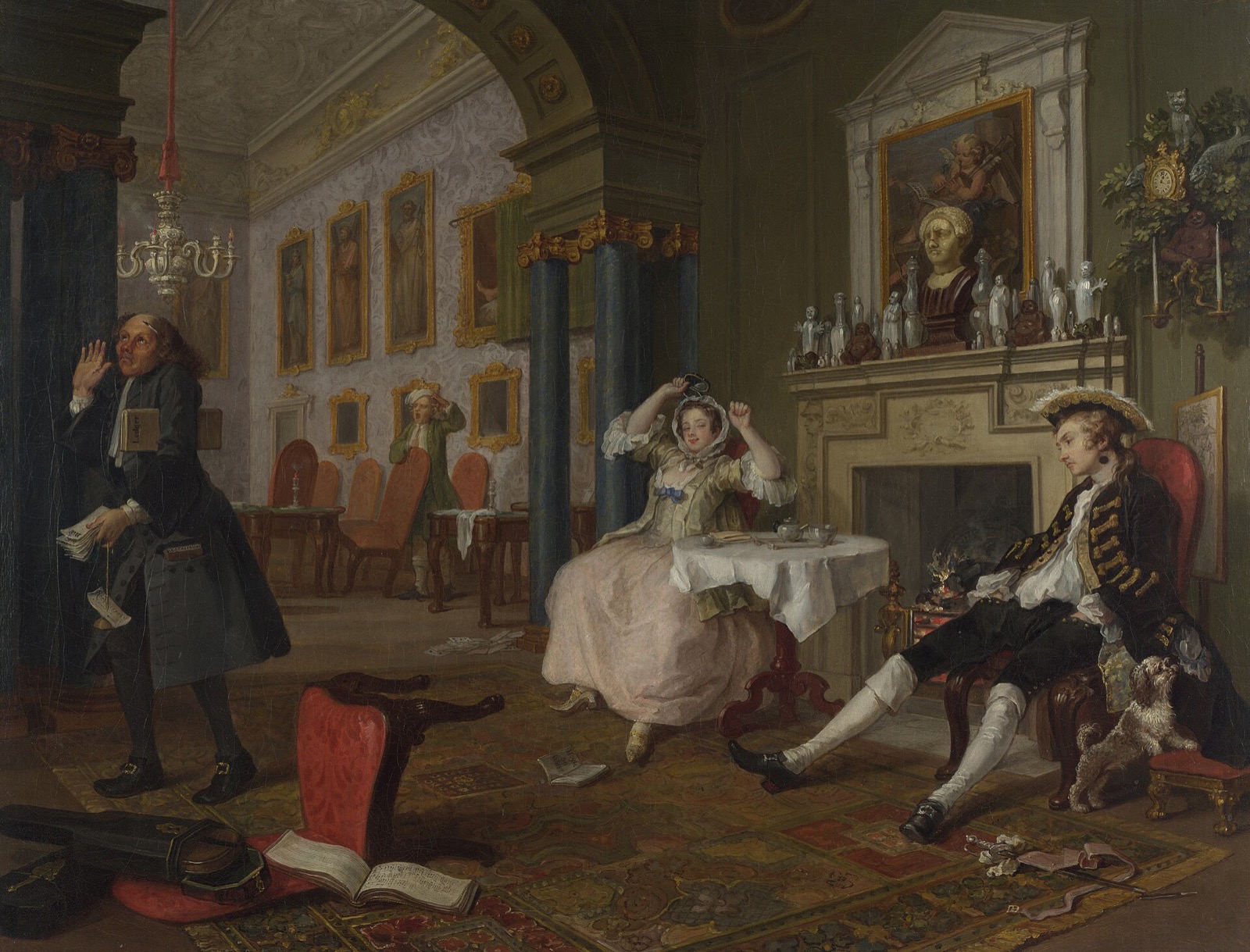 The Tête à Tête, the second scene of Hogarth's Marriage A-la-Mode: a husband and wife slumped in chairs after a night out.