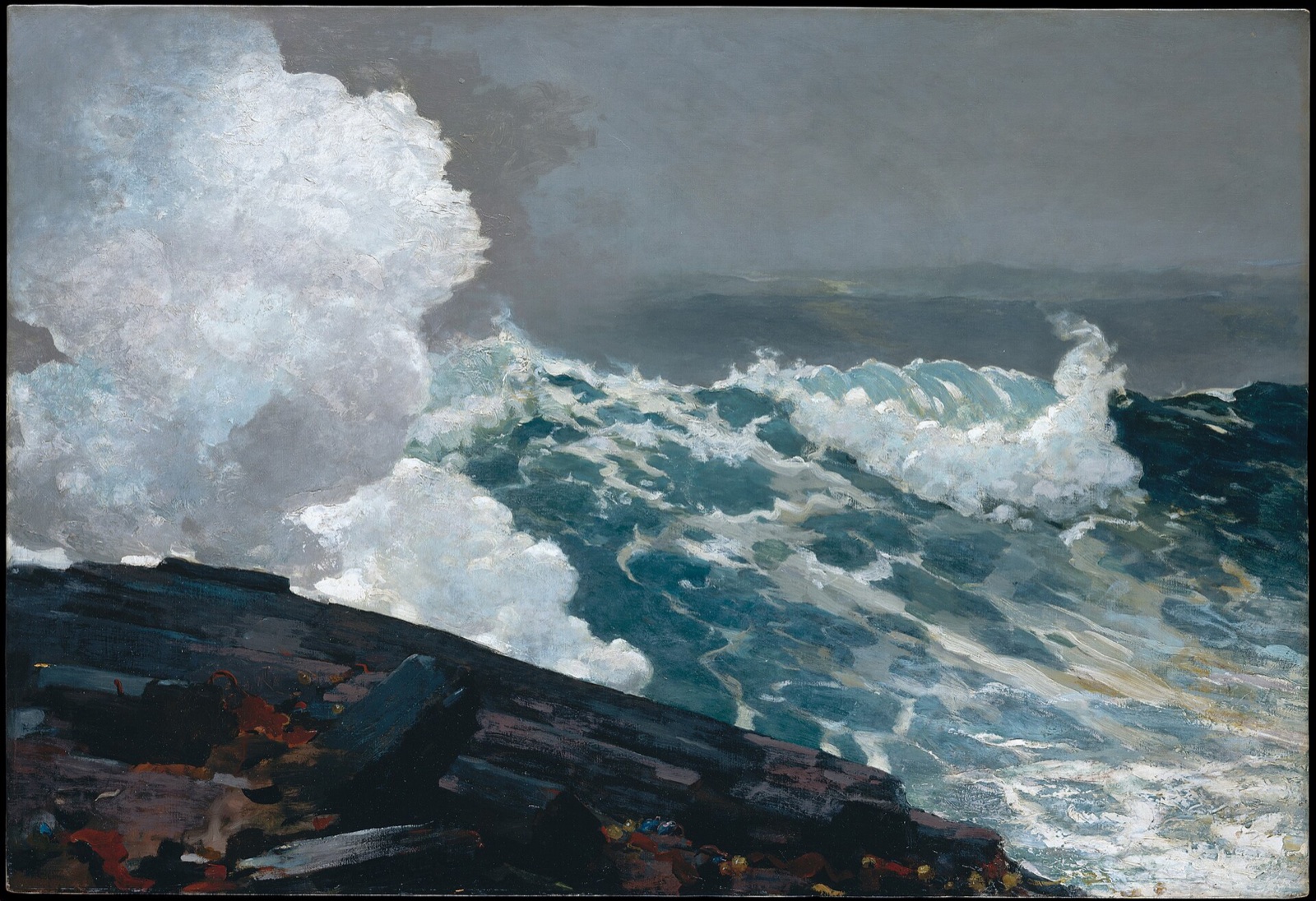 Northeaster, by Winslow Homer: a green wave rises and spray bursts over dark rocks.