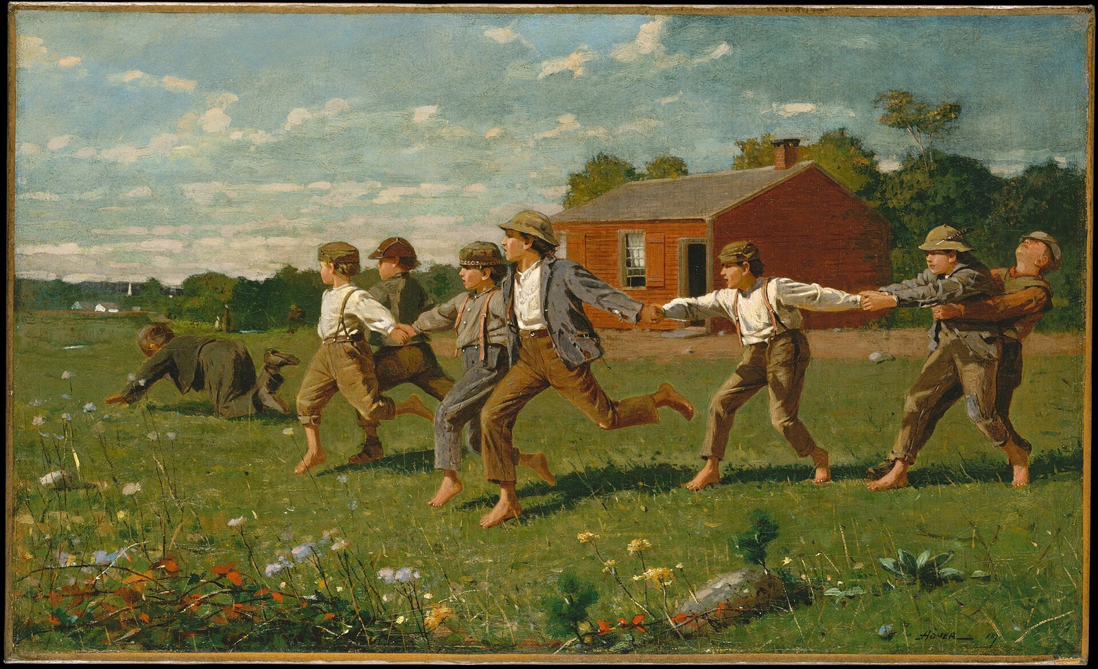 Snap the Whip, by Winslow Homer: barefoot boys play in a line, hand in hand, in front of a red schoolhouse.