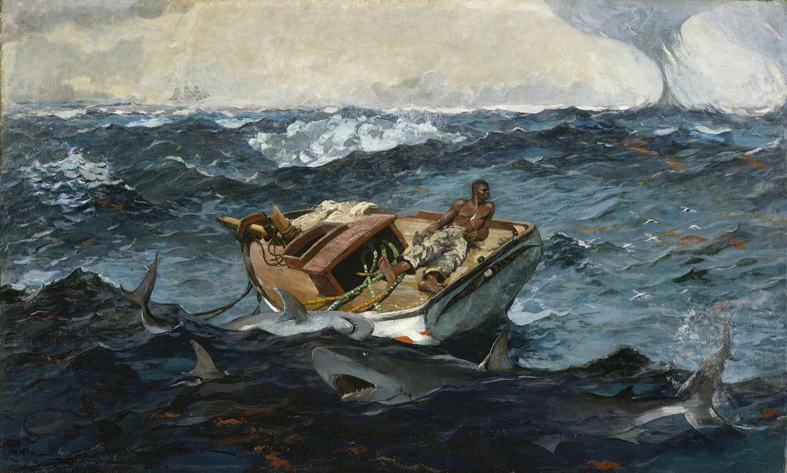 The Gulf Stream, by Winslow Homer: a man lies on the deck of a dismasted boat on a heavy sea, with sharks circling.