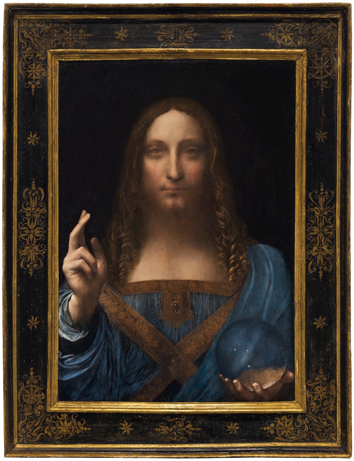Salvator Mundi: Christ facing the viewer, one hand raised in blessing, the other holding a crystal orb.