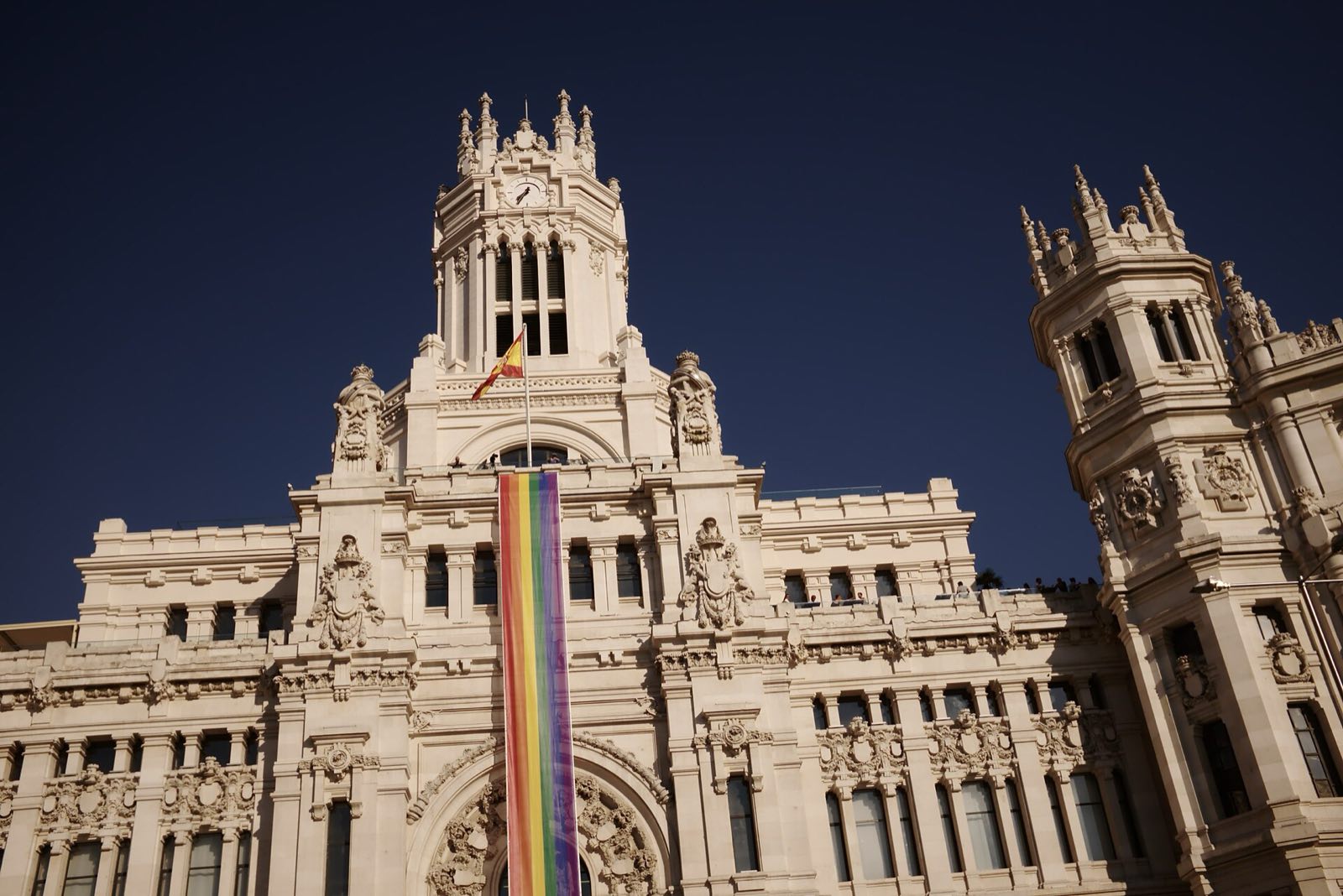 The Palacio de Cibeles in Madrid at dusk.