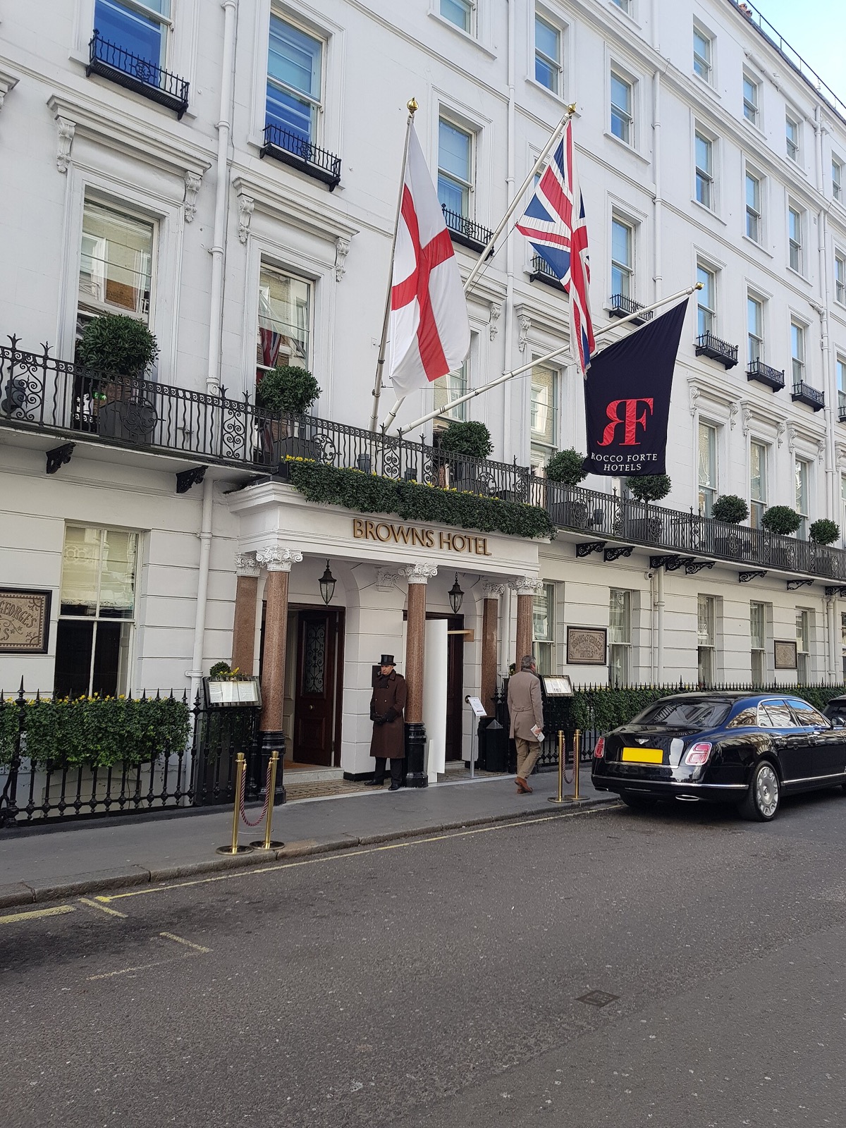 Brown's Hotel on Albemarle Street, a row of white town houses with flags over the door.