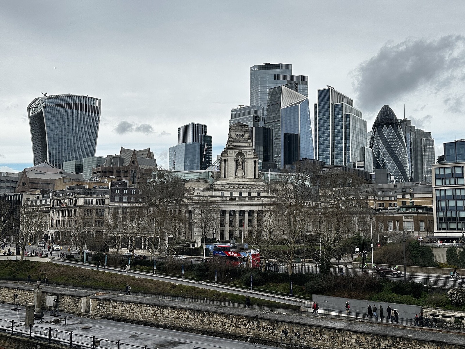 Ten Trinity Square under the skyline of the City, seen from the walls of the Tower of London.