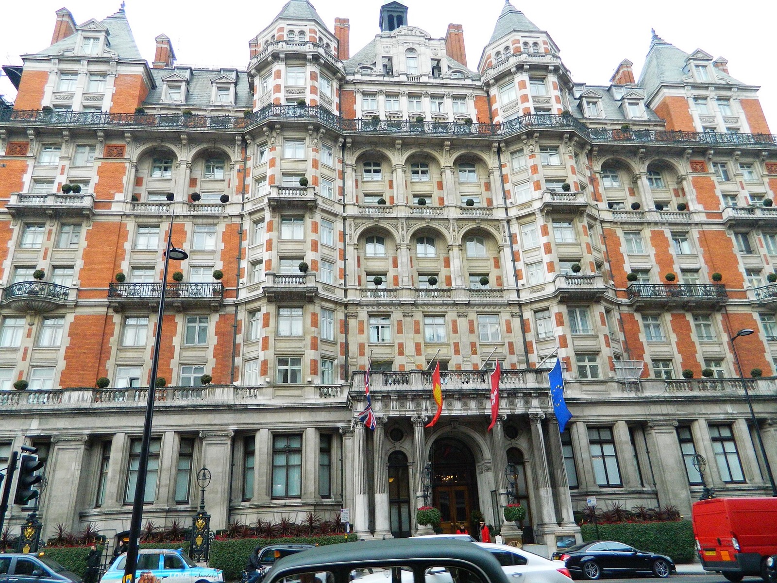 The Mandarin Oriental Hyde Park on Knightsbridge, a red-brick and stone hotel of turrets and gables.