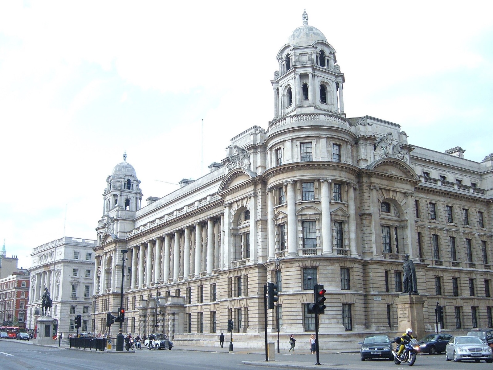 A corner of the Old War Office, with its dome and columns, seen from Whitehall.