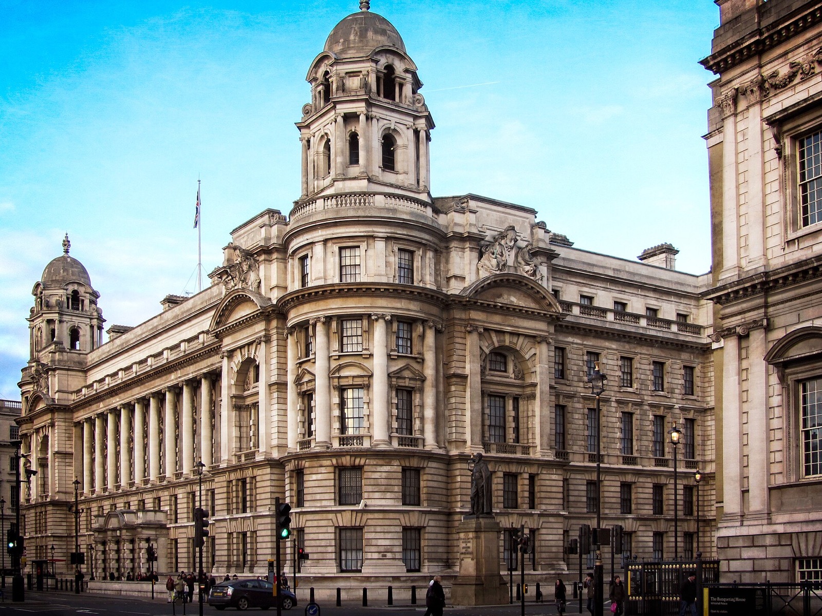 The Old War Office on Whitehall, a great block of Portland stone with a domed turret at each corner.